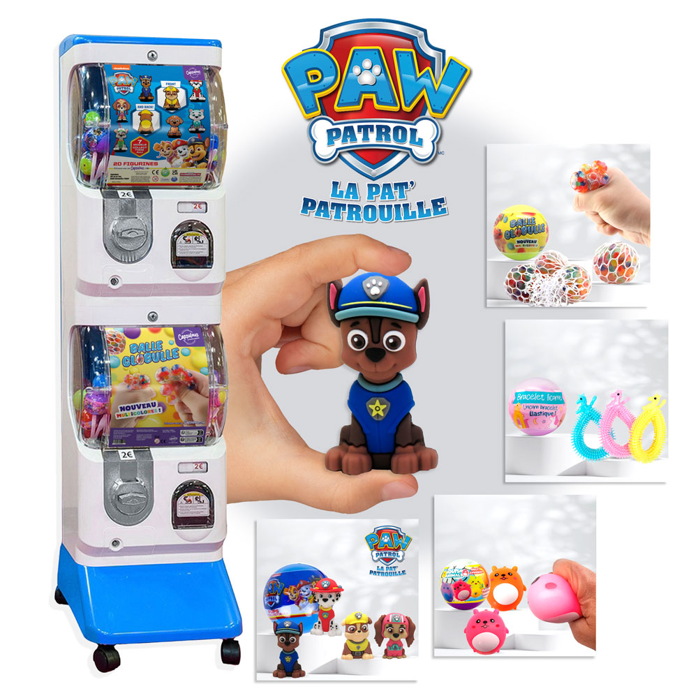 Distributeur automatique blanc & bleu + 300 jouets en capsules à 500 € HT – Modèle Pat Patrouille
