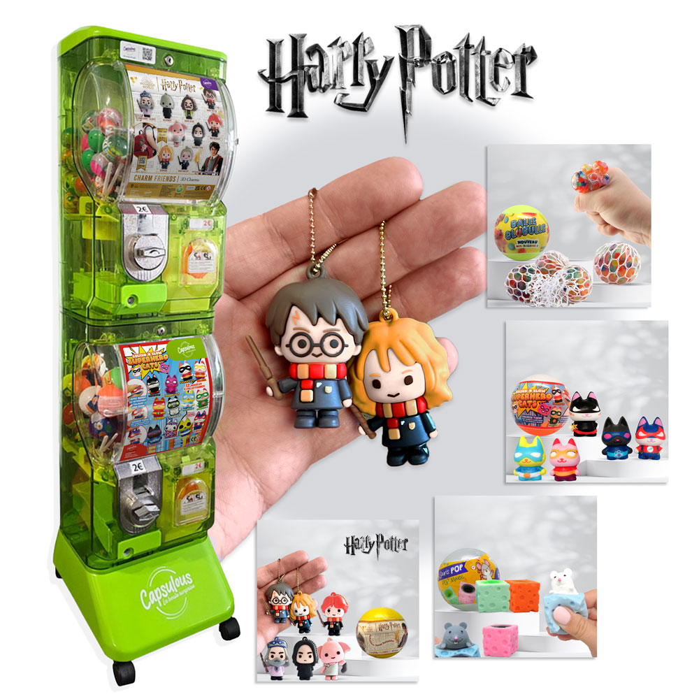 Distributeur automatique vert + 300 jouets en capsules à 500 € HT – Modèle Harry Potter